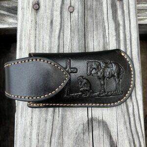 Black Leather Praying Cowboy Design Large Knife Sheath with Keep